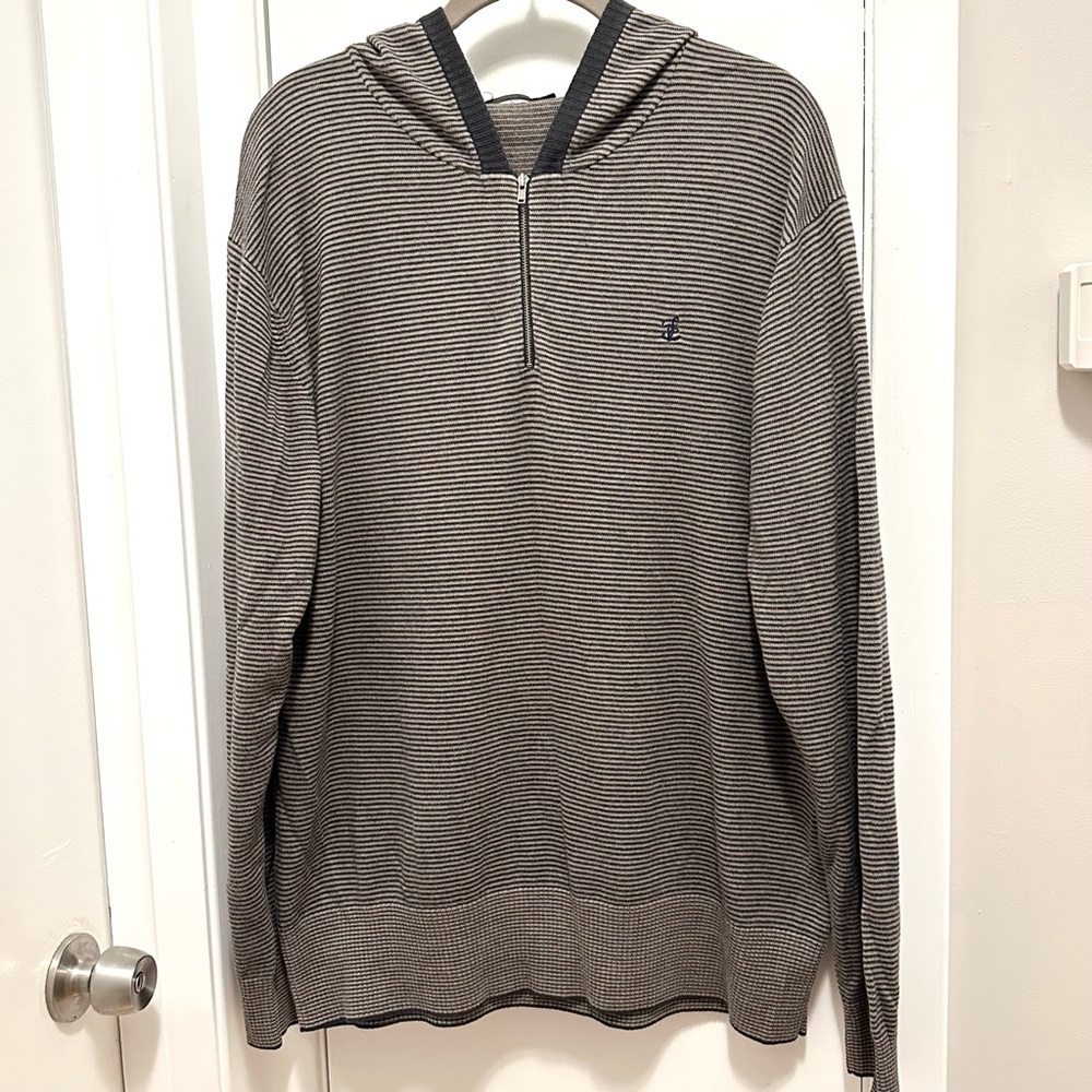 French Connection Striped Hooded 1/4 Zip Hooded Sweater Shirt Mens XL blue Y2K